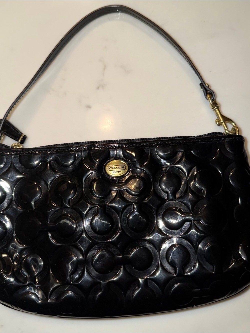 COACH Black Patent Leather Embossed Signature Shoulder Bag